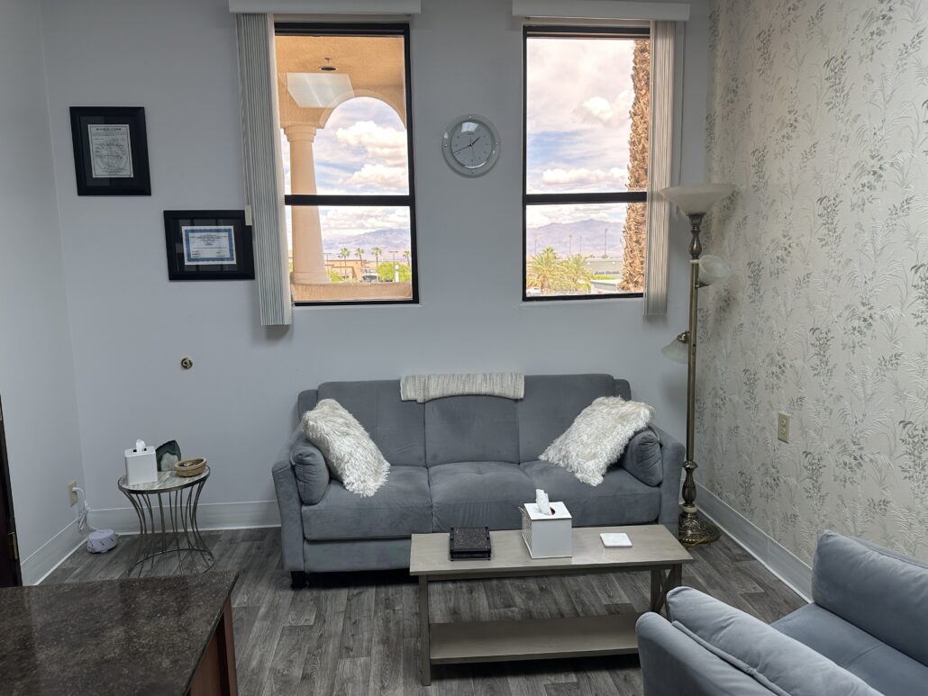 Therapy office in Las Vegas Nevada with mountain view through window